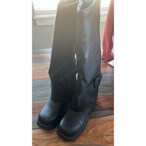 TEAIEUI square-toe knee-high boots with a distinctive fold-over or "hooded" desi